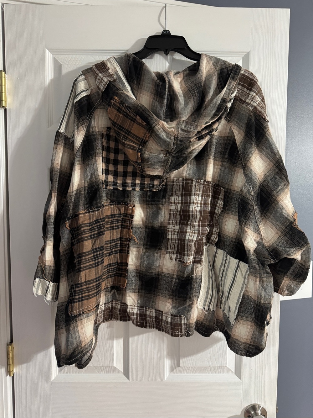NWOT Blue Velvet Oversized Plaid Patchwork Hoodie L/XL Boho